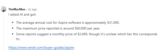 Aspire Pricing as per reddit users