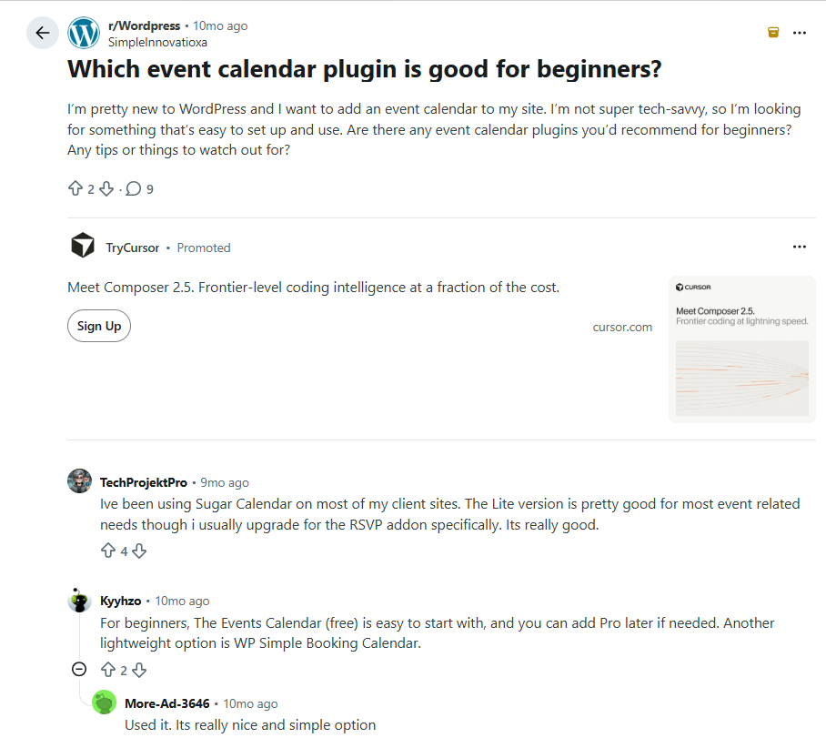Reddit discussion on Event Calendar Plugin