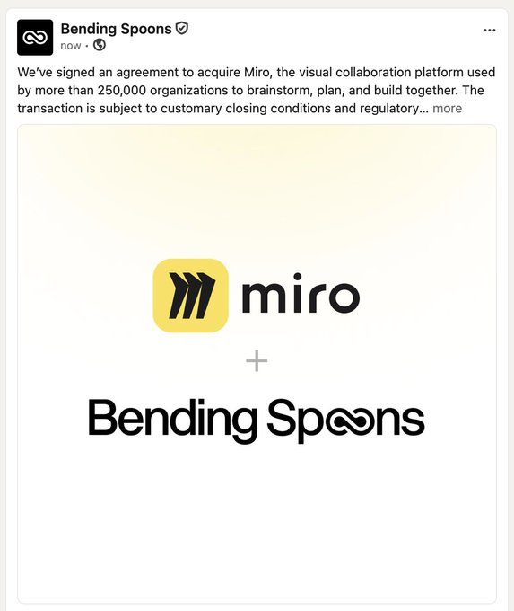 Bending Spoons announcement acquiring Miro