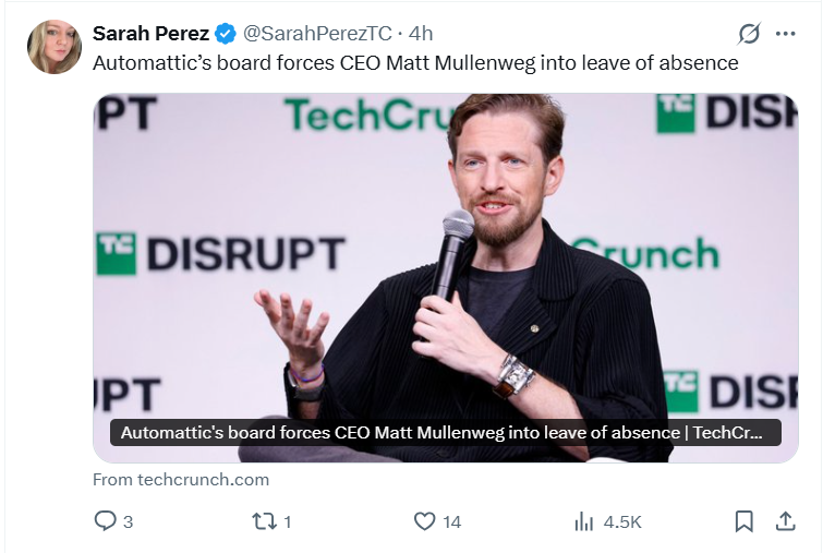 Tweet on Matt Mullenweg Leave